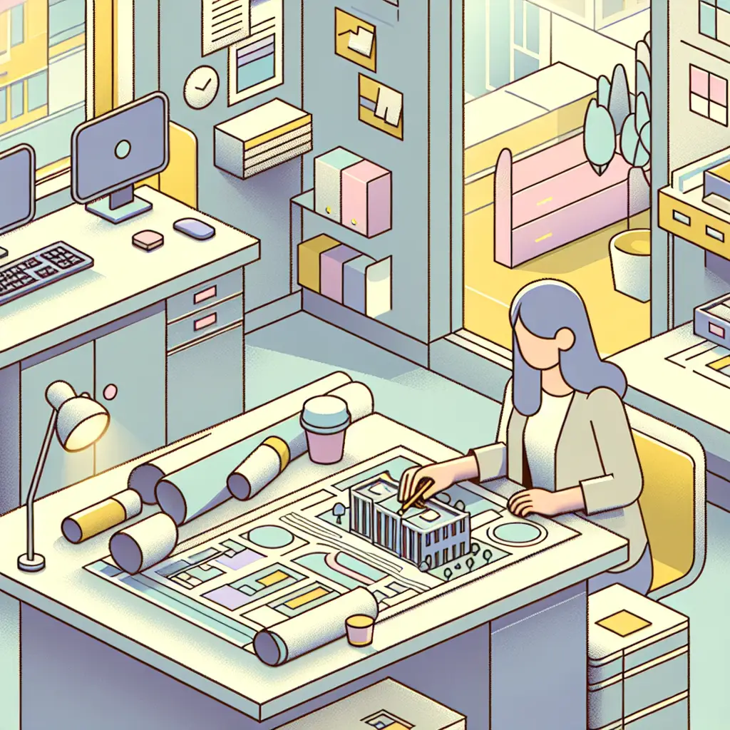 L'Accesso Agli Atti Nella Compravendita Immobiliare: Guida Completa Per Acquirenti E Venditori 1 Crea Immagine In Material Design Con Colori Tenui Di Un Tecnico Che Esamina Planimetrie E Documenti Urbanistici Presso Un Ufficio Comunale