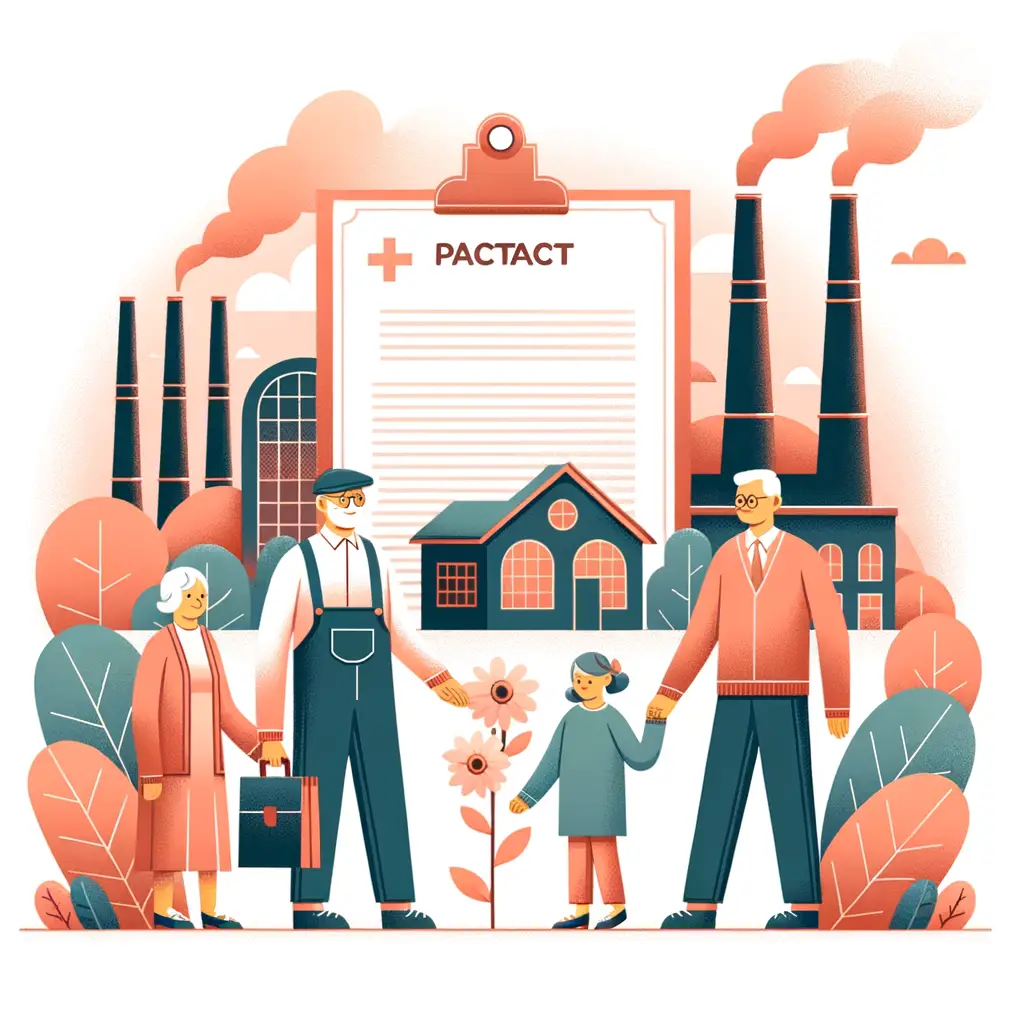 Patto Di Famiglia: Guida Completa Alla Pianificazione Successoria D'Impresa 1 Crea Una Immagine Stile Material Design Colore Tenue E Sfondo Bianco Con Contratto Recante &Quot;Patto Di Famiglia&Quot;, Una Immagine Di Una Industria Con Ciminiere E Una Immagine Di Famiglia Con Genitori Anziani E Due Figli Grandi