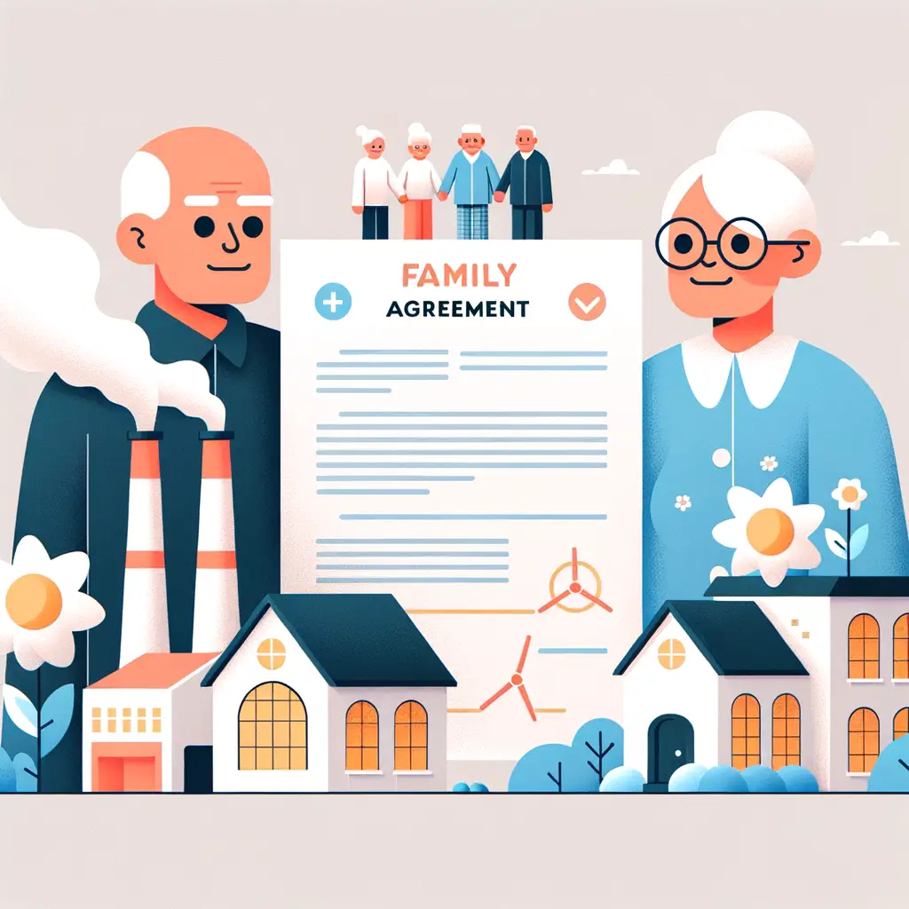 Patto Di Famiglia 2025: Guida Completa Al Passaggio Generazionale Dell'Impresa 1 Crea Una Immagine Stile Material Design Colore Tenue E Sfondo Bianco Con Contratto Recante &Quot;Patto Di Famiglia&Quot;, Una Immagine Di Una Industria Con Ciminiere E Una Immagine Di Famiglia Con Genitori Anziani E Due Figli Grandi