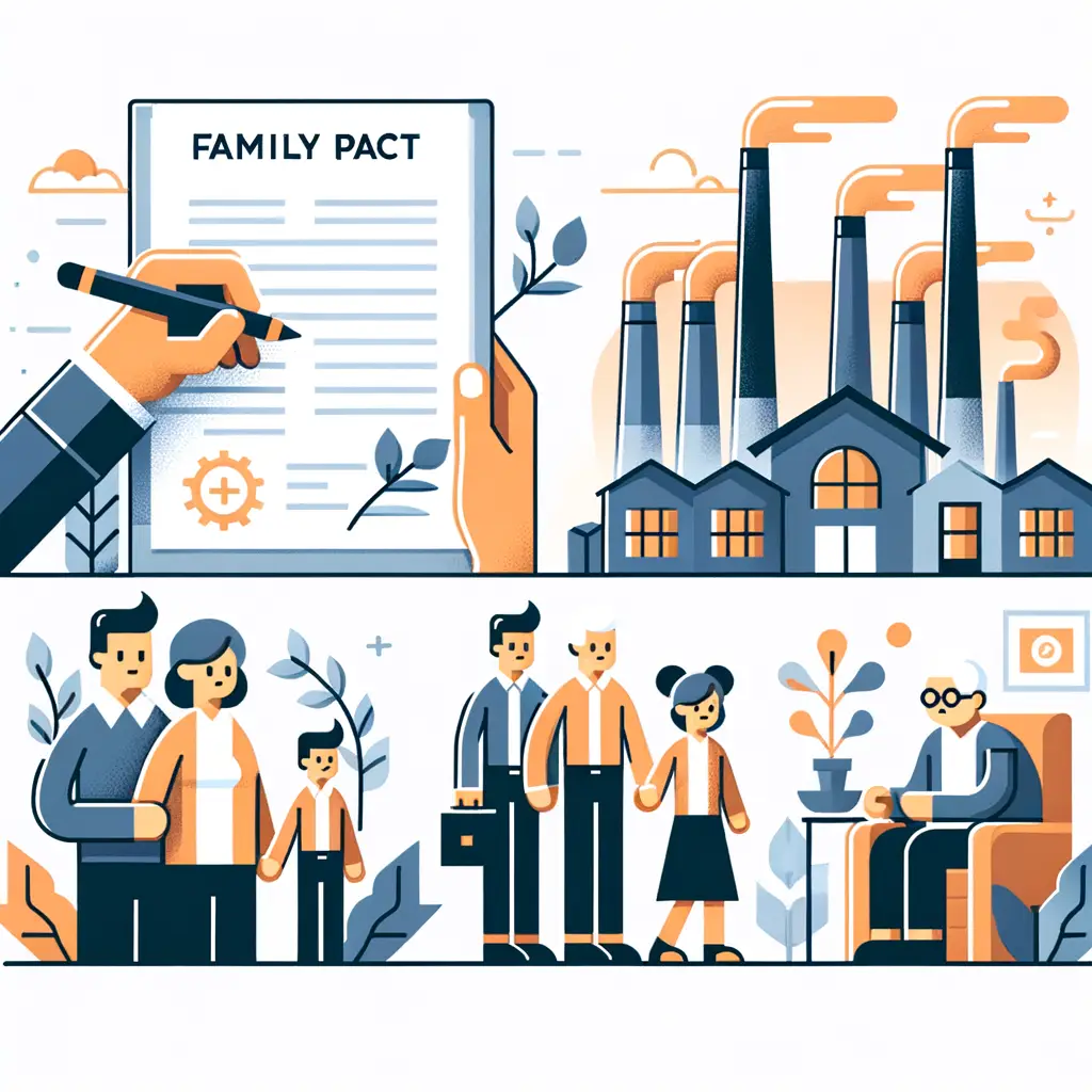 Il Patto Di Famiglia: Uno Strumento Per La Continuità D'Impresa 1 Crea Una Immagine Stile Material Design Colore Tenue E Sfondo Bianco Con Contratto Recante &Quot;Patto Di Famiglia&Quot;, Una Immagine Di Una Industria Con Ciminiere E Una Immagine Di Famiglia Con Genitori Anziani E Due Figli Grandi