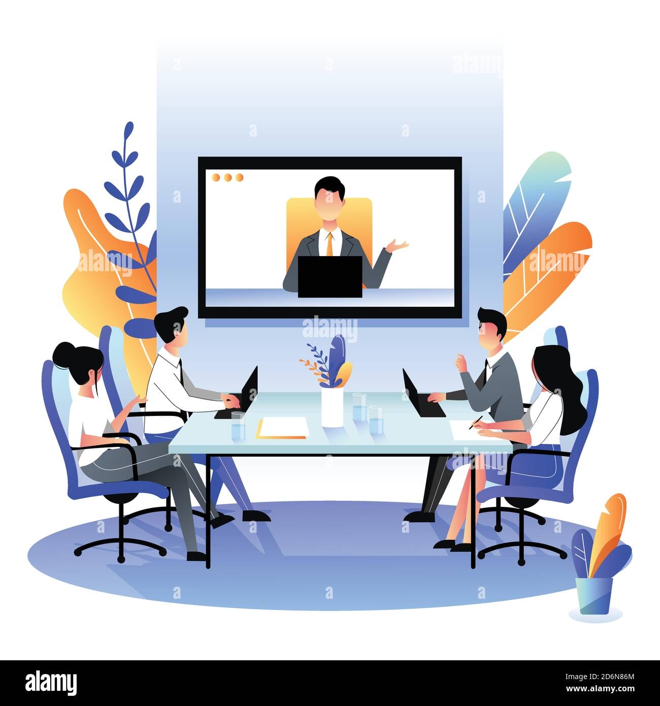 Il Verbale Notarile Di Assemblea Societaria Interamente In Remoto: Evoluzione Post-Covid 1 Gruppo Di Uomini D Affari Alla Videoconferenza In Sala Riunioni Illustrazione Di Un Cartone Piatto Vettoriale Incontro Online Con Ceo Manager O Direttore Autobus 2D6N86M
