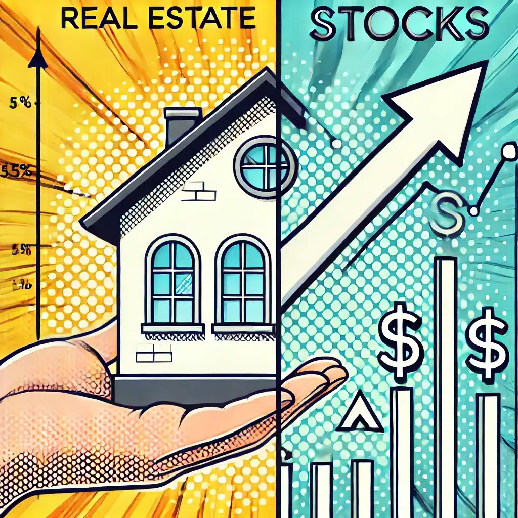 Secondo Immobile O Azioni: Guida Pratica Alla Scelta Di Investimento 1 Dall·e 2025 02 19 18.03.19 A Clean And Simple Comic Style Illustration Divided Into Two Sections. On The Left Side A Stylized Cartoon House With The Text Real Estate Above It