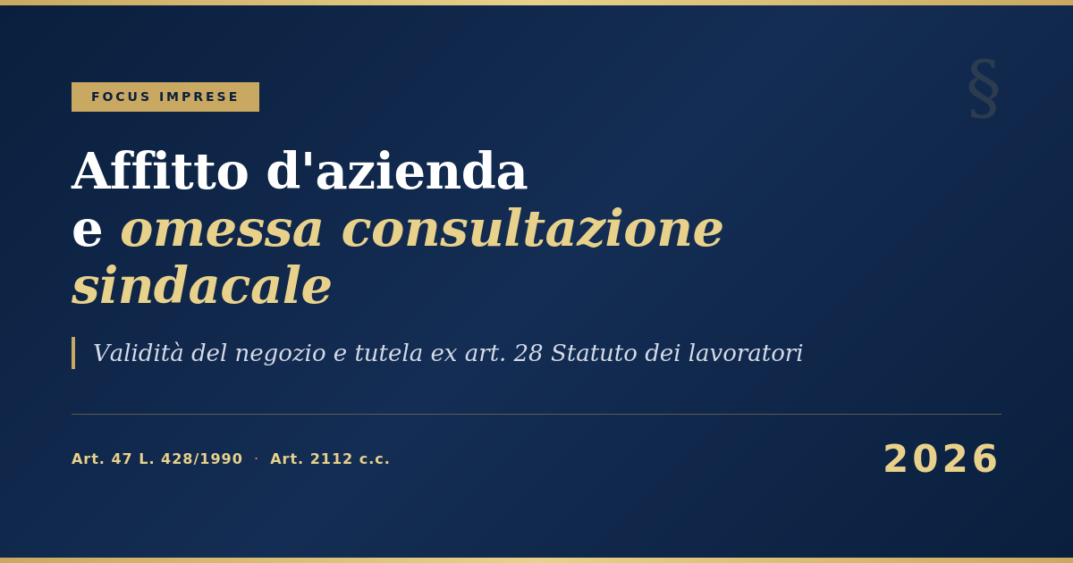 Affitto D'Azienda E Omessa Consultazione Sindacale: Profili Giuridici 2026 1 Affitto D'Azienda E Omessa Consultazione Sindacale - Copertina Articolo