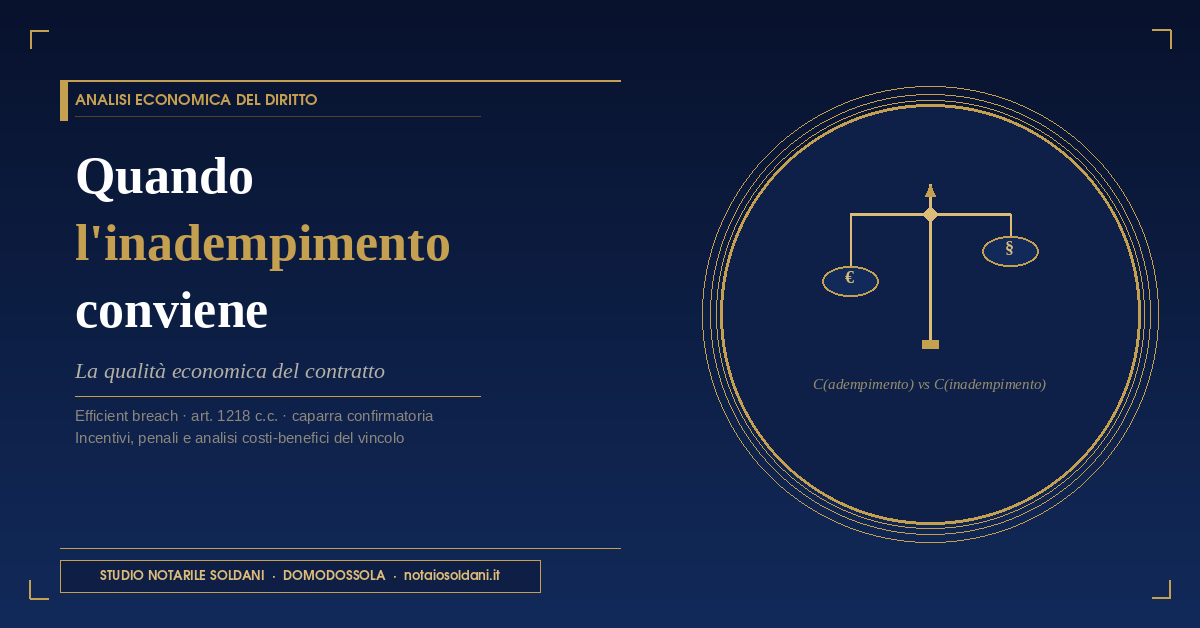 Quando L'Inadempimento Conviene: La Qualità Economica Del Contratto 1 Bilancia Stilizzata Su Sfondo Blu Notte Con Simboli Euro E Paragrafo – Analisi Economica Del Contratto E Teoria Dell'Efficient Breach