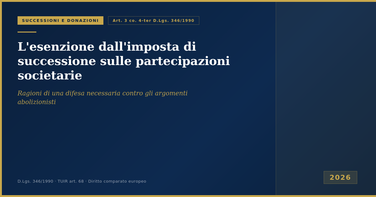 L'Esenzione Dall'Imposta Di Successione Sulle Partecipazioni Societarie: Ragioni Di Una Difesa Necessaria 1 Esenzione Dall'Imposta Di Successione Sulle Partecipazioni Societarie - Art. 3 Co. 4-Ter D.lgs. 346/1990