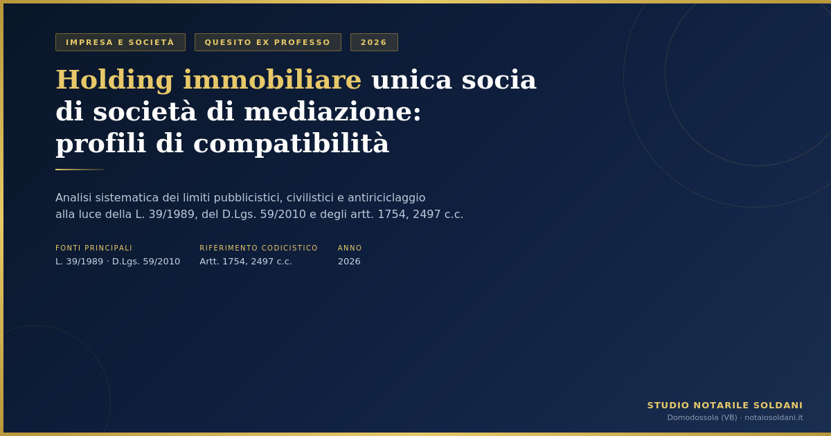 Holding Immobiliare Unica Socia Di Società Di Mediazione: Profili Di Compatibilità — Risposta A Quesito 1 Holding Immobiliare Unica Socia Di Società Di Mediazione: Profili Di Compatibilità — Studio Notarile Soldani 2026