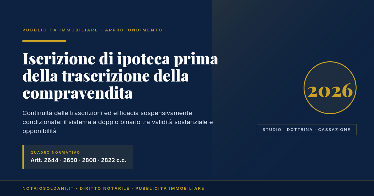 Ipoteca Iscritta Prima Della Trascrizione Della Compravendita: Continuità Ed Efficacia Sospensivamente Condizionata 1 Ipoteca Iscritta Prima Trascrizione Cover 2026