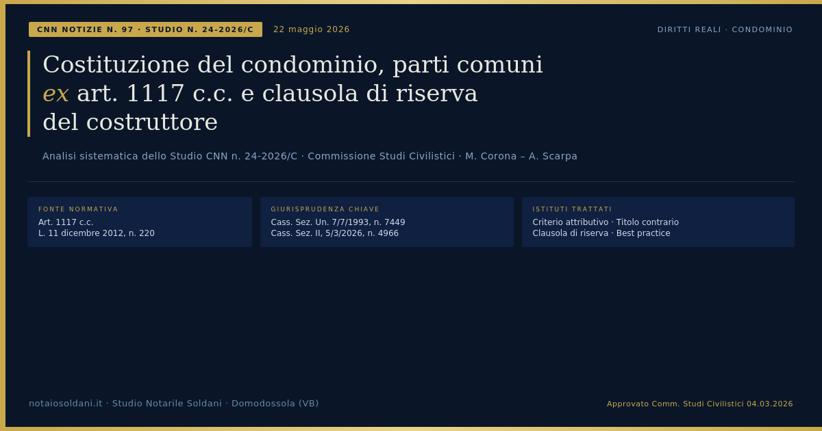 Costituzione Del Condominio, Parti Comuni Ex Art. 1117 C.c. E Clausola Di Riserva Del Costruttore — Studio Cnn N. 24-2026/C 1 Schema: Art. 1117 C.c. — Parti Comuni Del Condominio E Clausola Di Riserva Del Costruttore