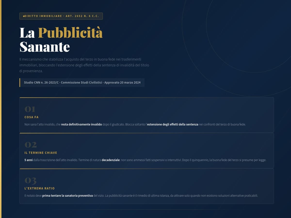 La Pubblicità Sanante Nei Trasferimenti Immobiliari: Guida Completa 2026 1 Pubblicità Sanante Art. 2652 N.6 Codice Civile — Infografica Riepilogativa 2026