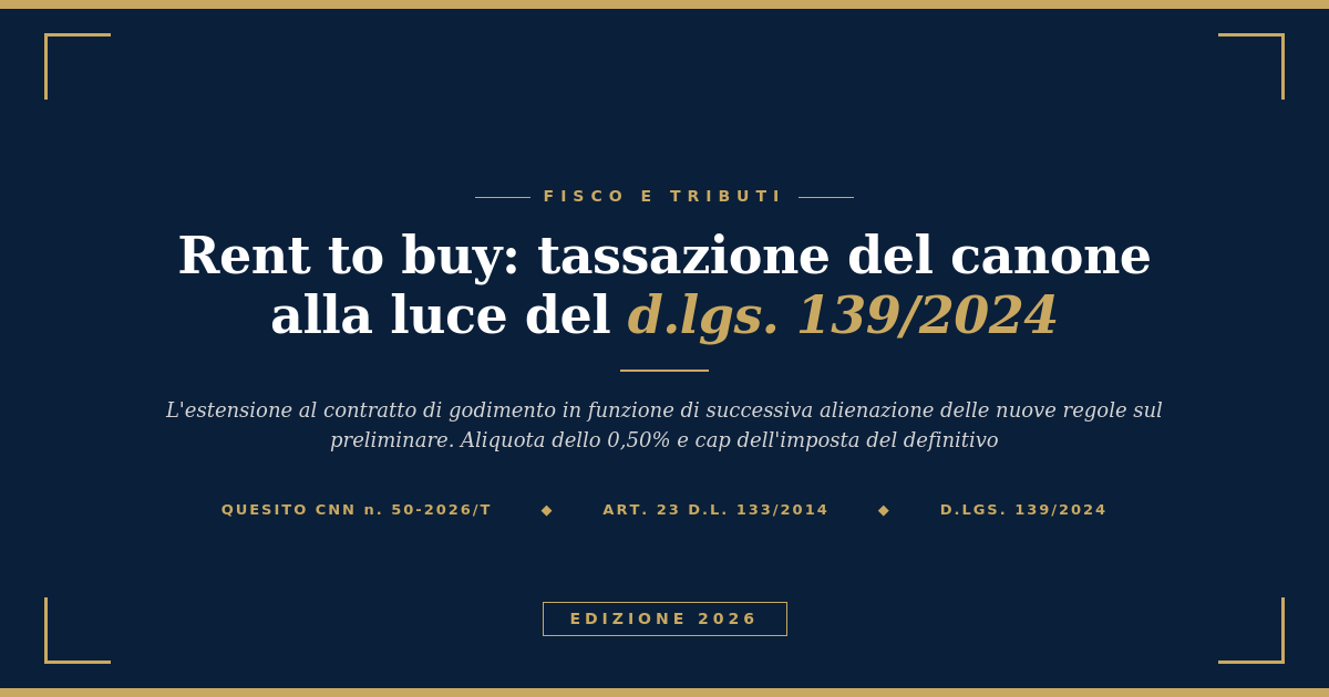 Rent To Buy: Tassazione Del Canone Alla Luce Del D.lgs. 139/2024 1 Rent To Buy Tassazione Canone 2026 Cover