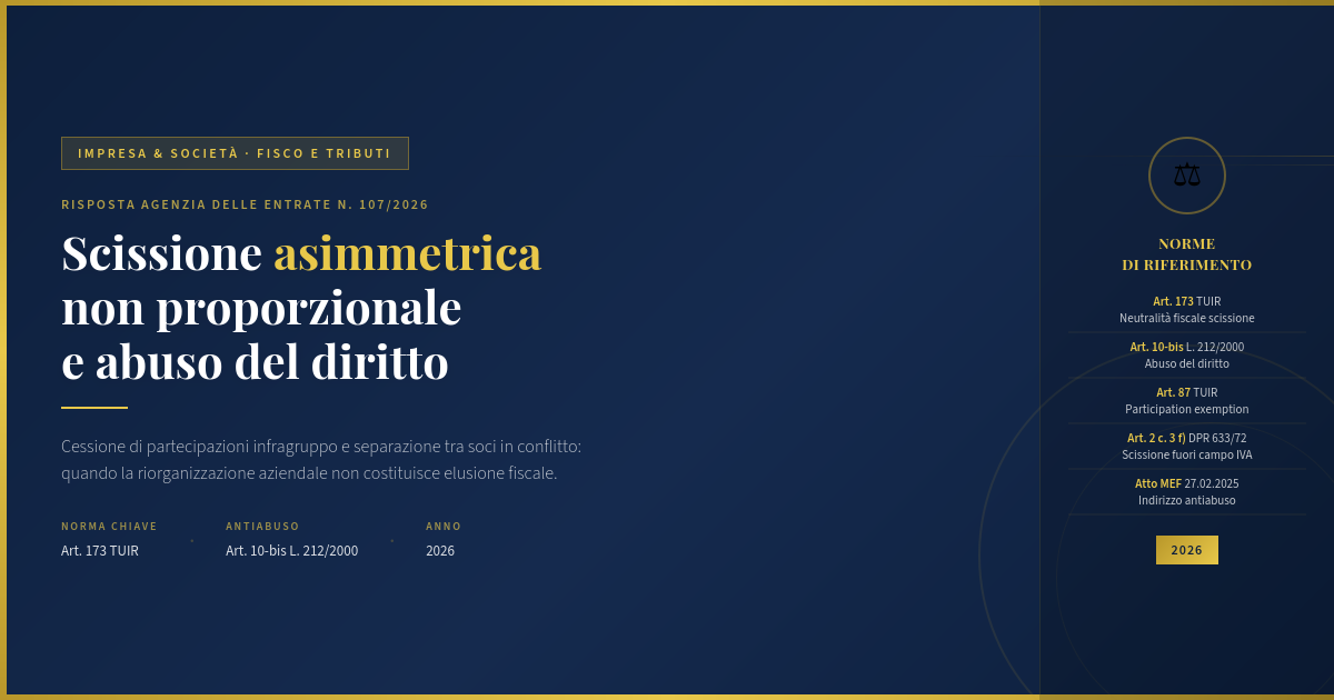 Scissione Asimmetrica Non Proporzionale E Cessione Di Partecipazioni Infragruppo: Quando Non C'È Abuso Del Diritto 1 Scissione Asimmetrica Non Proporzionale E Abuso Del Diritto - Risposta Agenzia Delle Entrate N. 107/2026