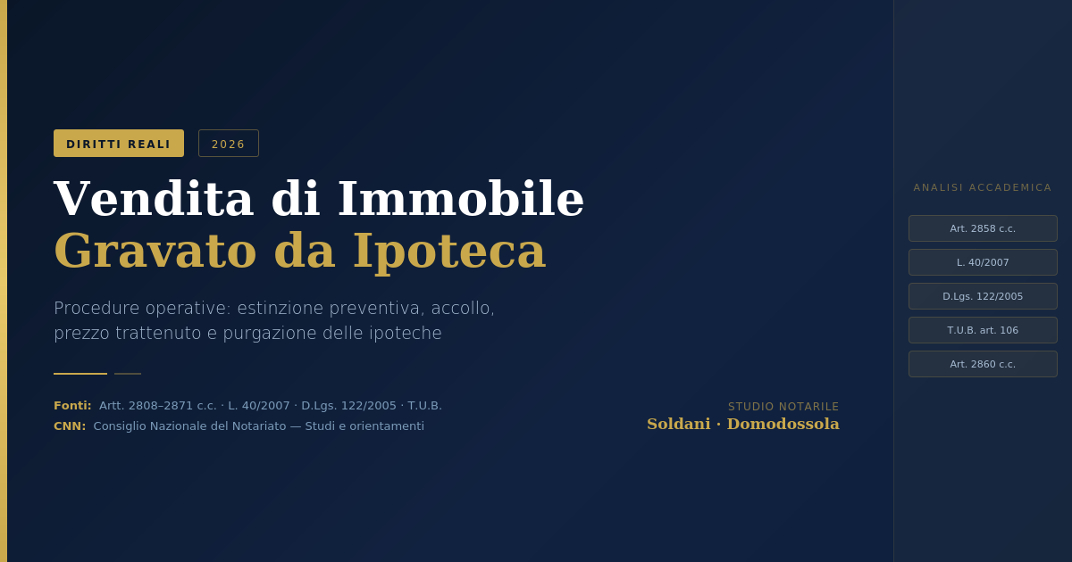 Vendita Di Immobile Gravato Da Ipoteca: Procedure Operative 2026 1 Vendita Di Immobile Gravato Da Ipoteca: Procedure Operative 2026 — Studio Notarile Soldani Domodossola