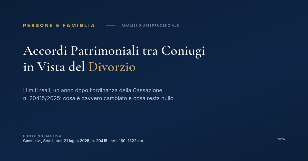 Accordi Patrimoniali Tra Coniugi In Vista Del Divorzio: I Limiti Dopo La Cassazione N. 20415/2025