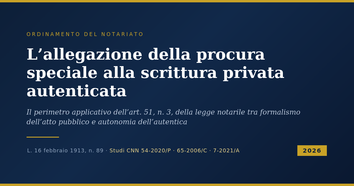 L'Allegazione Della Procura Speciale Alla Scrittura Privata Autenticata: Il Perimetro Applicativo Dell'Art. 51, N. 3, Della Legge Notarile 1 Copertina: L'Allegazione Della Procura Speciale Alla Scrittura Privata Autenticata E L'Art. 51, N. 3, Della Legge Notarile