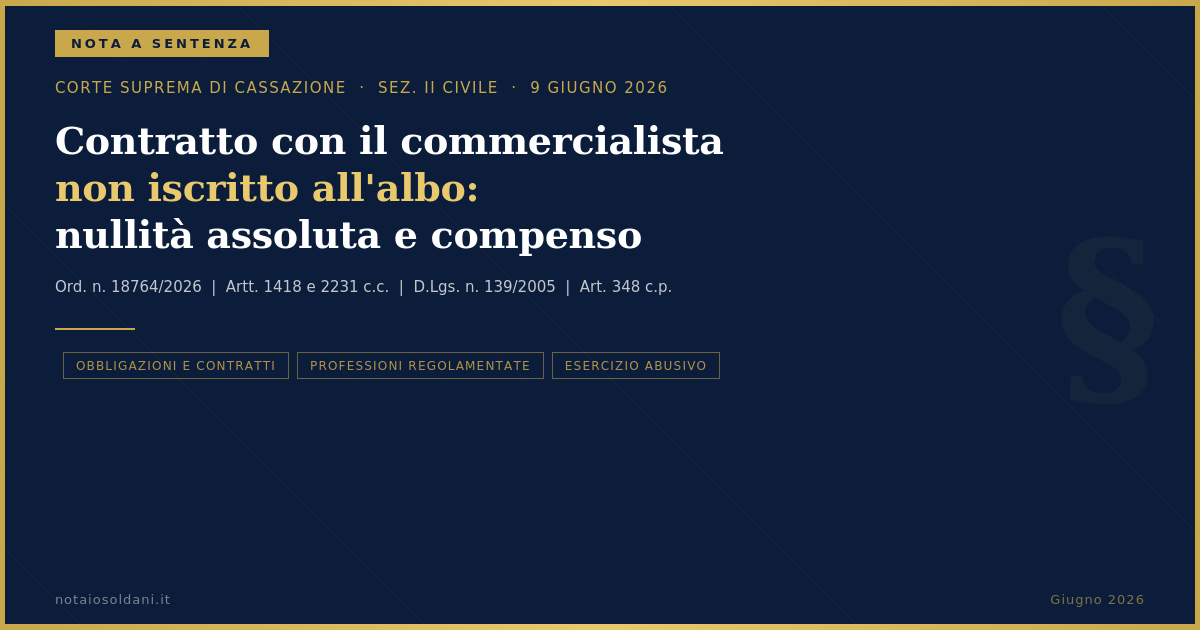 Nullità Del Contratto Con Il Commercialista Non Iscritto All’albo Dopo Il D.lgs. N. 139/2005: Nota A Cass. Sez. Ii, Ord. N. 18764/2026 1 Nullità Del Contratto Con Il Commercialista Non Iscritto All'Albo – Cass. N. 18764/2026