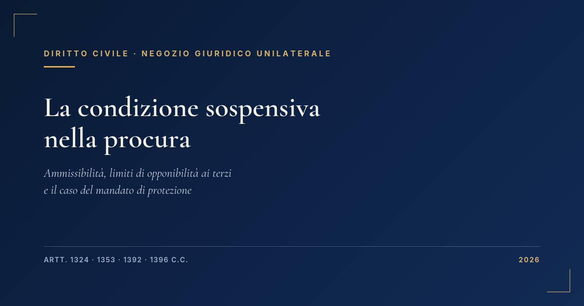 La Condizione Sospensiva Nella Procura: Ammissibilità E Limiti Nel Negozio Giuridico Unilaterale — Parte I 1 La Condizione Sospensiva Nella Procura: Ammissibilità E Limiti Nel Negozio Giuridico Unilaterale