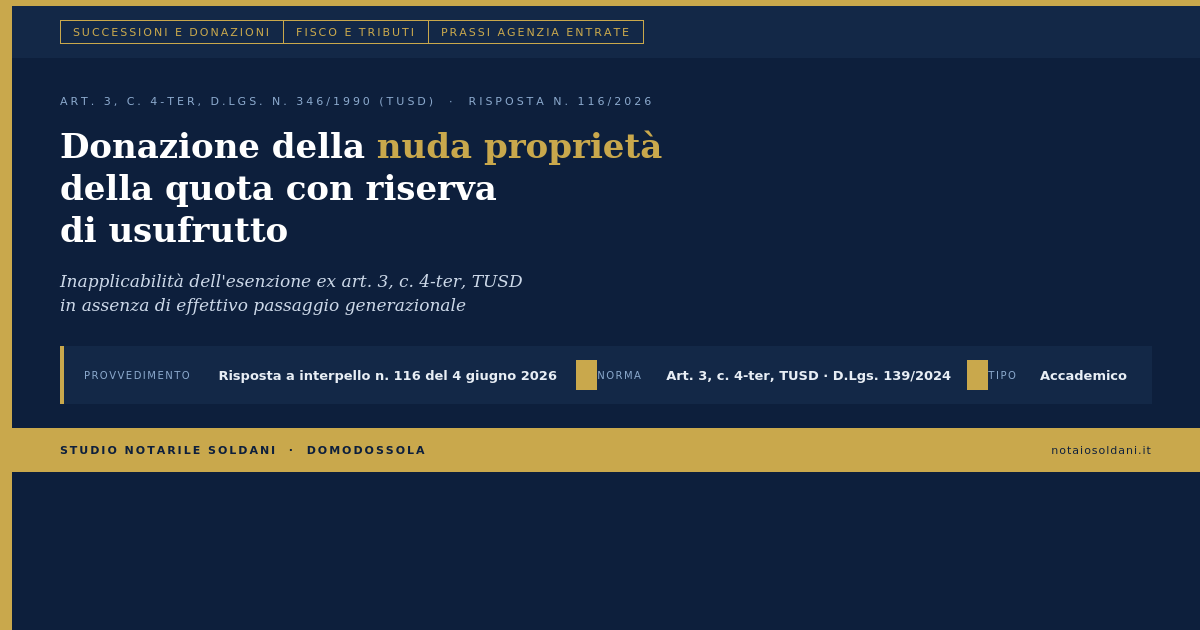Donazione Della Nuda Proprietà Della Quota Con Riserva Di Usufrutto E Inapplicabilità Dell'Esenzione: La Risposta N. 116/2026 1 Donazione Della Nuda Proprietà Della Quota Con Riserva Di Usufrutto - Risposta N. 116/2026 Agenzia Delle Entrate