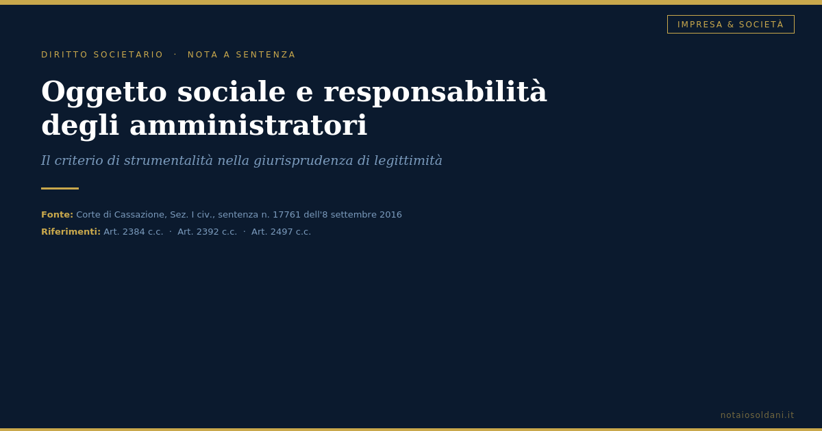Oggetto Sociale E Responsabilità Degli Amministratori: Il Criterio Di Strumentalità Nella Giurisprudenza Della Cassazione 1 Oggetto Sociale E Responsabilità Degli Amministratori — Il Criterio Di Strumentalità Secondo Cass. N. 17761/2016
