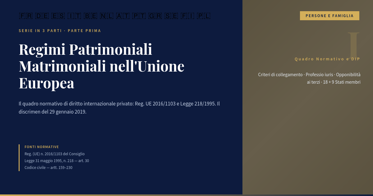 I Regimi Patrimoniali Matrimoniali Nell’unione Europea: Quadro Normativo E Diritto Internazionale Privato — Parte I 1 Regimi Patrimoniali Matrimoniali Ue – Parte I: Quadro Normativo E Diritto Internazionale Privato