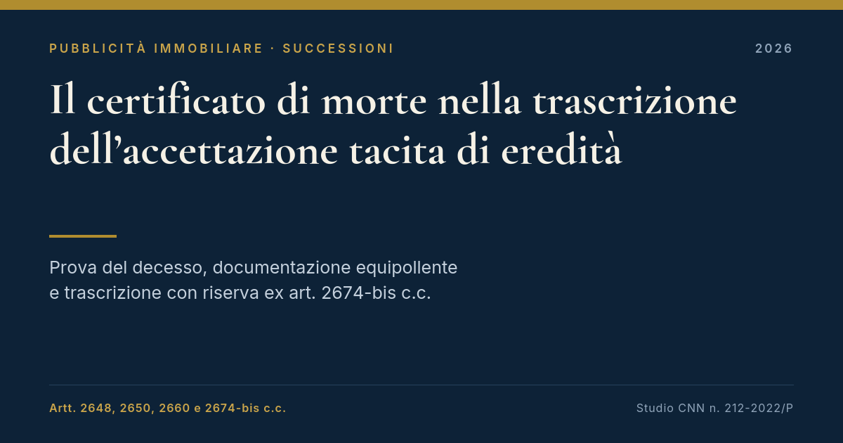 Il Certificato Di Morte Nella Trascrizione Dell’accettazione Tacita Di Eredità 1 Il Certificato Di Morte Nella Trascrizione Dell'Accettazione Tacita Di Eredità: Prova Del Decesso, Documentazione Equipollente E Trascrizione Con Riserva Ex Art. 2674-Bis C.c.