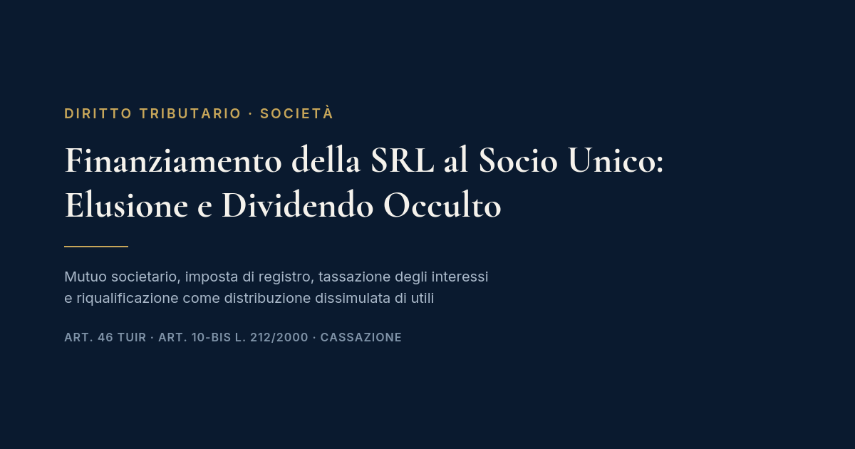 Finanziamento Della Srl Al Socio Unico Per L'Acquisto Di Un Immobile: Profili Fiscali Critici E Rischio Di Dividendo Occulto 1 Finanziamento Della Srl Al Socio Unico: Profili Fiscali Critici