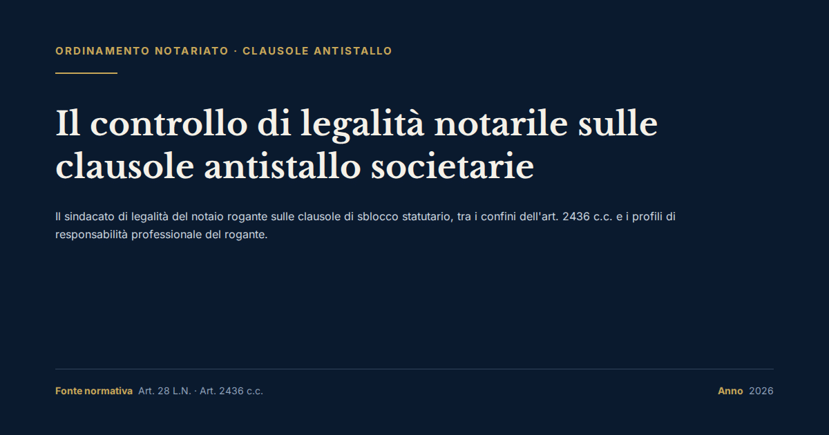 Il Controllo Di Legalità Notarile Sulle Clausole Antistallo Societarie: Profili Di Responsabilità Professionale 1 Il Controllo Di Legalità Notarile Sulle Clausole Antistallo Societarie, Tra Art. 2436 C.c. E Responsabilità Professionale Del Notaio.
