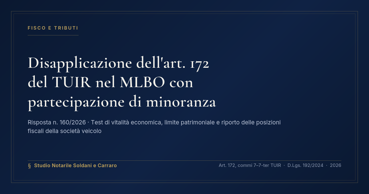 Disapplicazione Dell'Articolo 172 Del Tuir Nel Mlbo Con Partecipazione Di Minoranza 1 Disapplicazione Dell'Articolo 172 Del Tuir Nel Mlbo Con Partecipazione Di Minoranza — Risposta N. 160/2026