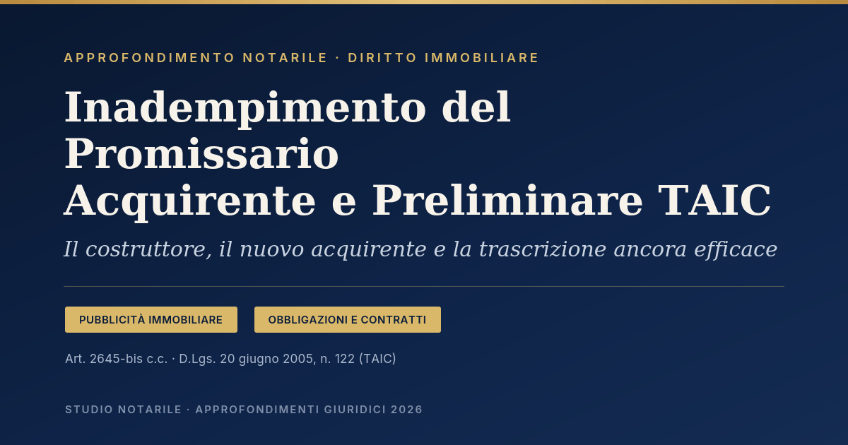 Inadempimento Del Promissario Acquirente E Preliminare Taic 1 Inadempimento Del Promissario Acquirente E Preliminare Taic: Copertina Articolo