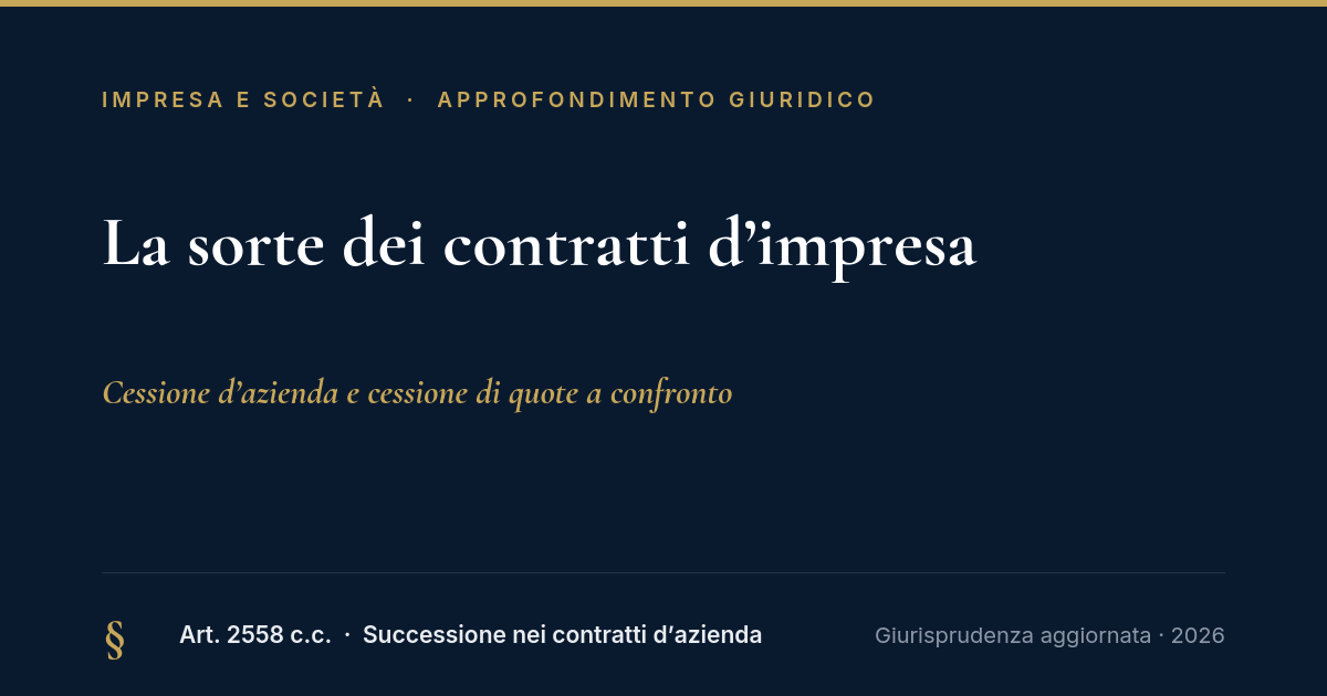 La Sorte Dei Contratti D'Impresa: Cessione D'Azienda E Cessione Di Quote A Confronto 1 La Sorte Dei Contratti D'Impresa: Cessione D'Azienda E Cessione Di Quote A Confronto