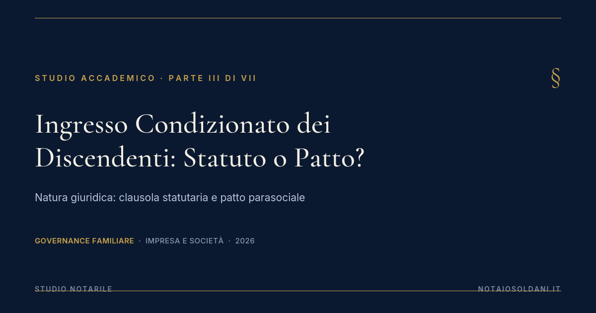Ingresso Condizionato Dei Discendenti: Statuto O Patto Parasociale? 1 Ingresso Condizionato Dei Discendenti: Statuto O Patto Parasociale - Copertina
