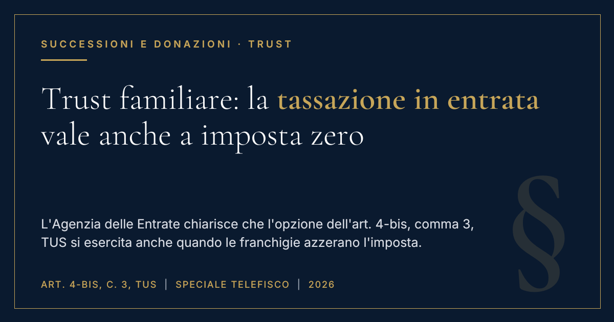 Trust Familiare: L'Opzione Per La Tassazione In Entrata Vale Anche A Imposta Zero 1 Copertina: Trust Familiare, La Tassazione In Entrata Vale Anche A Imposta Zero (Art. 4-Bis, Comma 3, Tus)